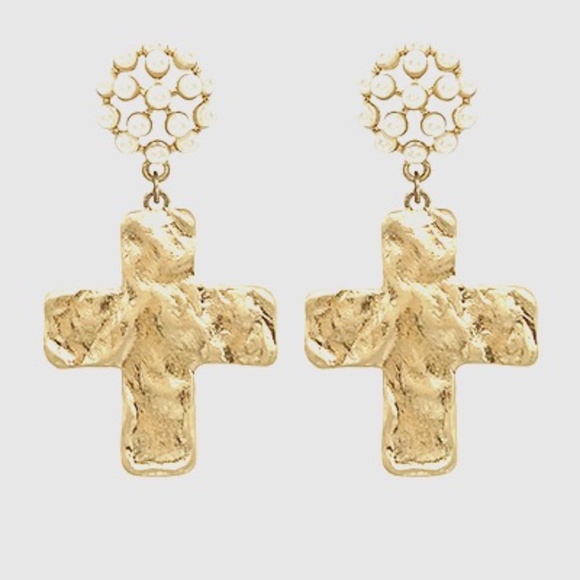 Hammered Cross & Pearl Drop Earrings - Picture 1 of 2